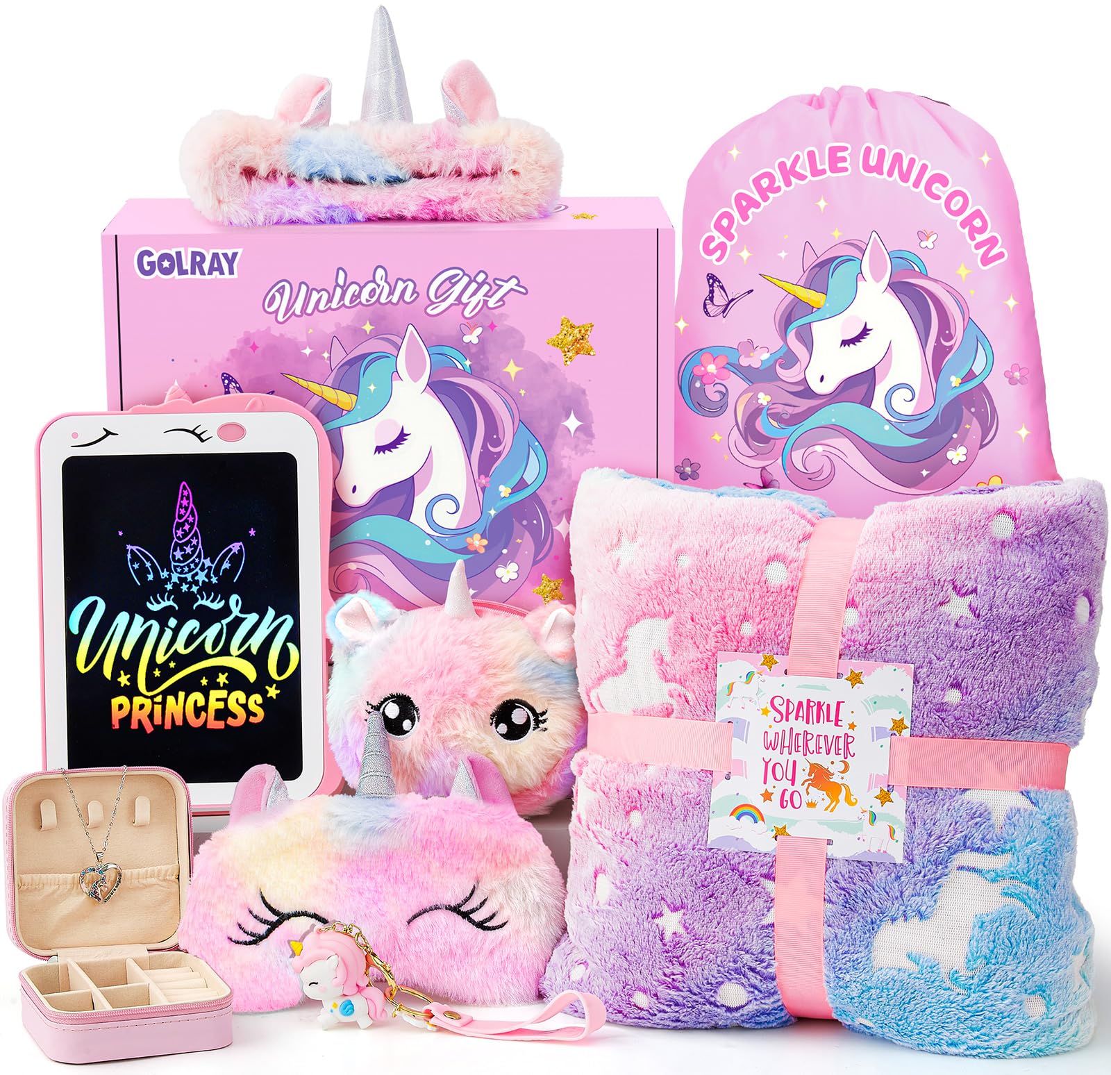 Golray 10 Pcs Unicorn Gifts For Girls Toys Christmas Birthday Gifts Kids Girls Age 3 4 5 6 7 8 9 12 With Glowing Blanket/Lcd Dra